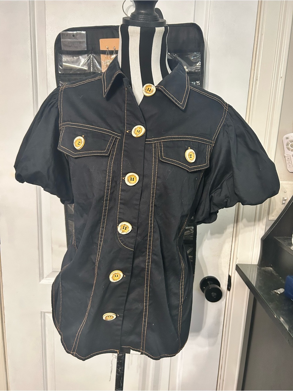C/MEO Collective Black Puff Sleeve Button-Front Blouse with Contrast Stitching